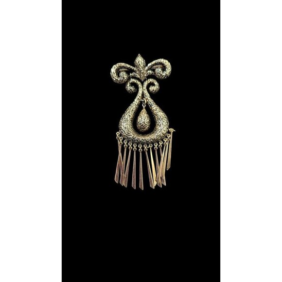 Vintage Gold-Tone Fleur de Lis Brooch With Dangling Tassels articulated Estate - Picture 8 of 9